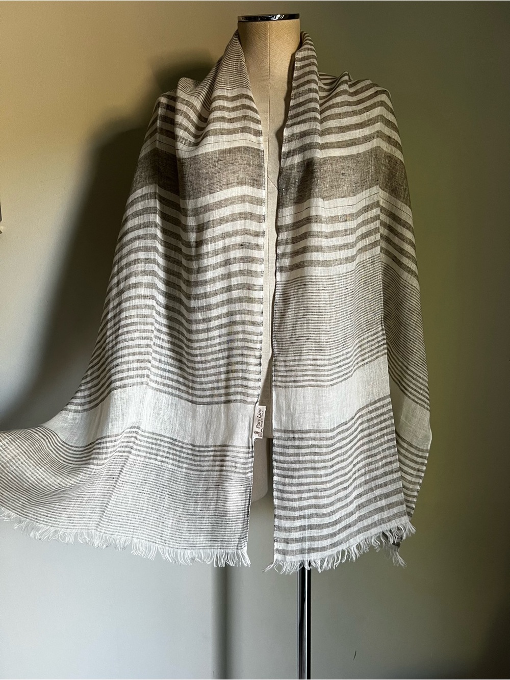 NEW Purolino 100% Line Scarf Italy Neutral Striped Lightweight White Tan Coastal